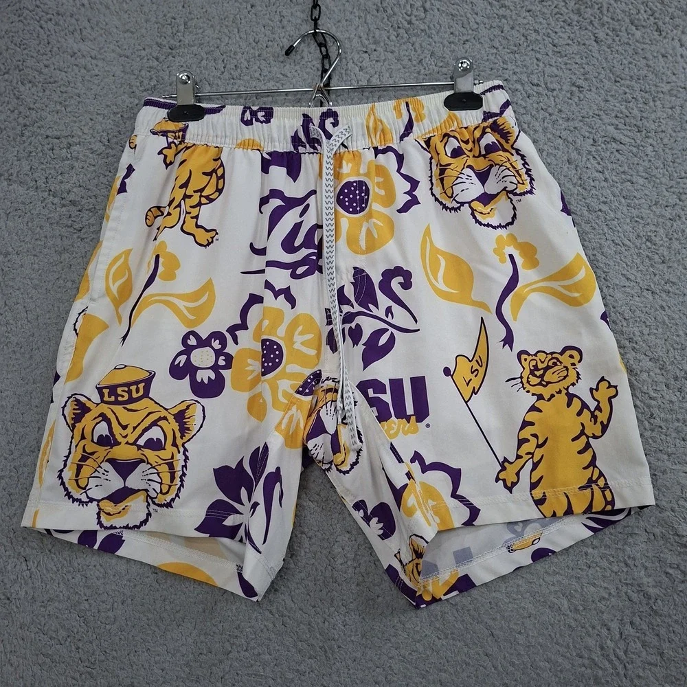 Wes and Willy LSU Tigers Board Shorts L Logo Floral Swim Trunks Vacation Travel‎